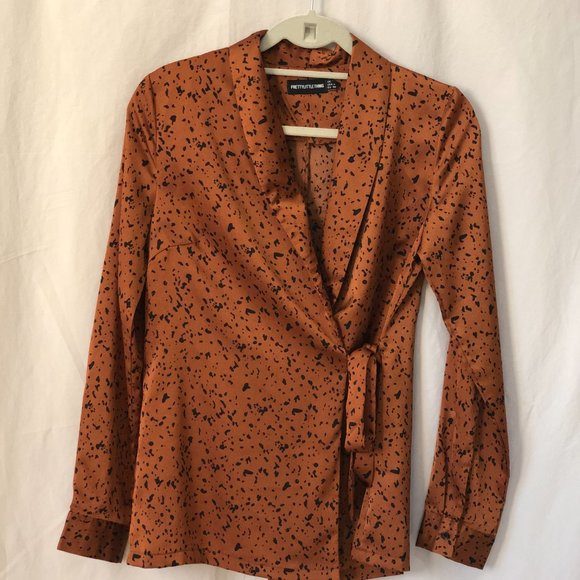 Satin wrap top in copper with dalmation print - Picture 2 of 5